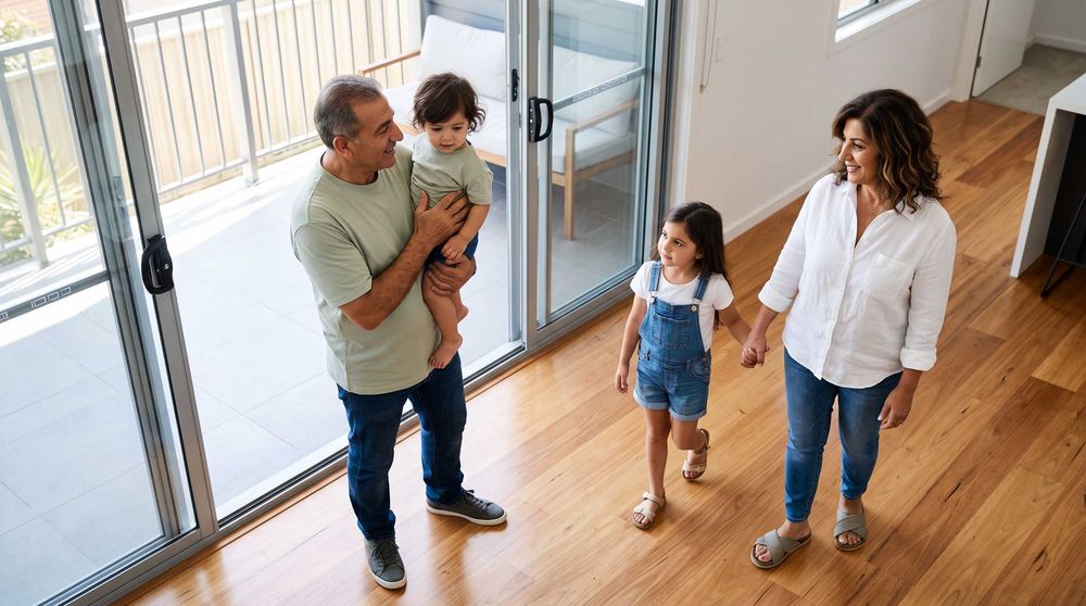 Family beside silver aluminium sliding doors to a balcony